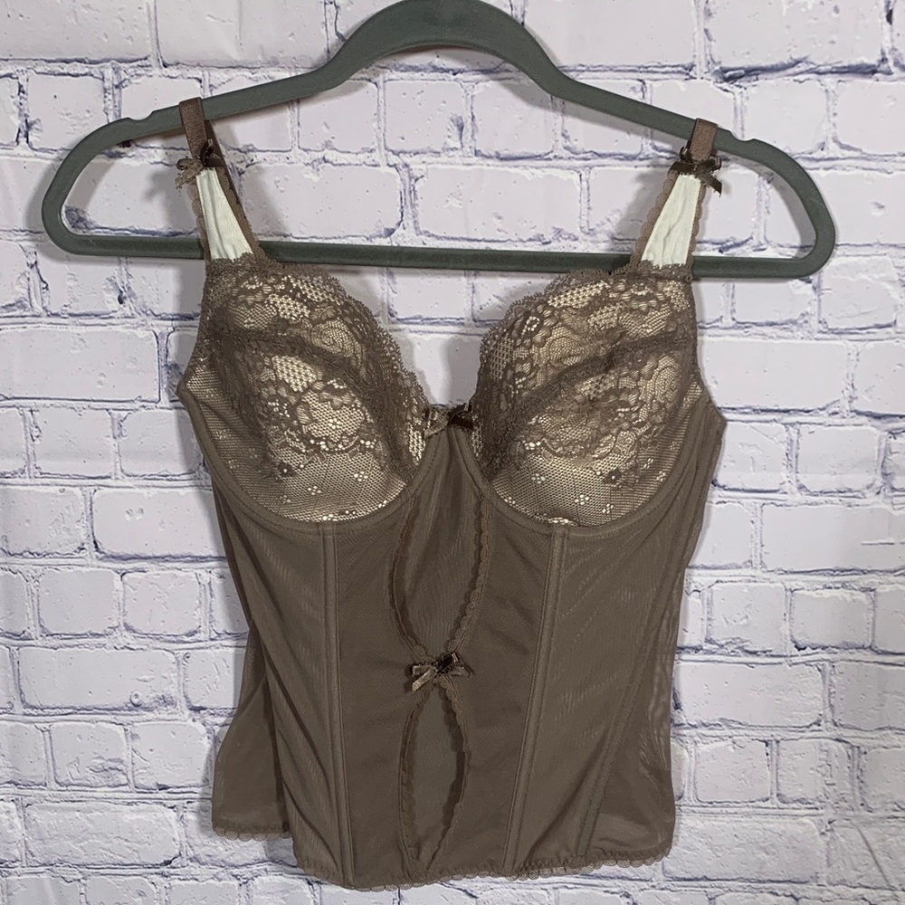 Soma Intimates Womens Boned Corset Tank Brown Size 34D Lace Bows Forest Fairy